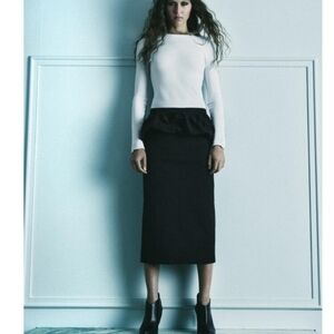 Zara High Waisted Ruffle Peplum Straight Pencil Midi Skirt Black Women's Size L